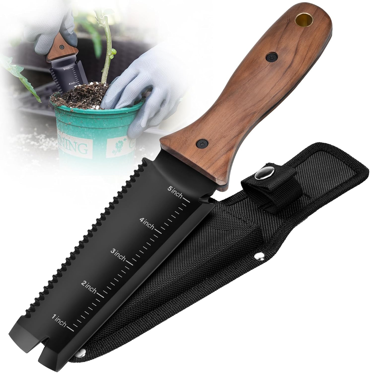 Garden Knife Hori Hori 7in Stainless Steel Blade Full Tang Wood Handle Double Si