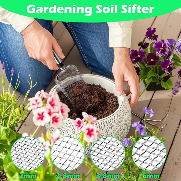 4 PCS 2-in-1 Gardening Soil Sifter Set with 2-5mm Mesh, Garden Sieve & Shovel