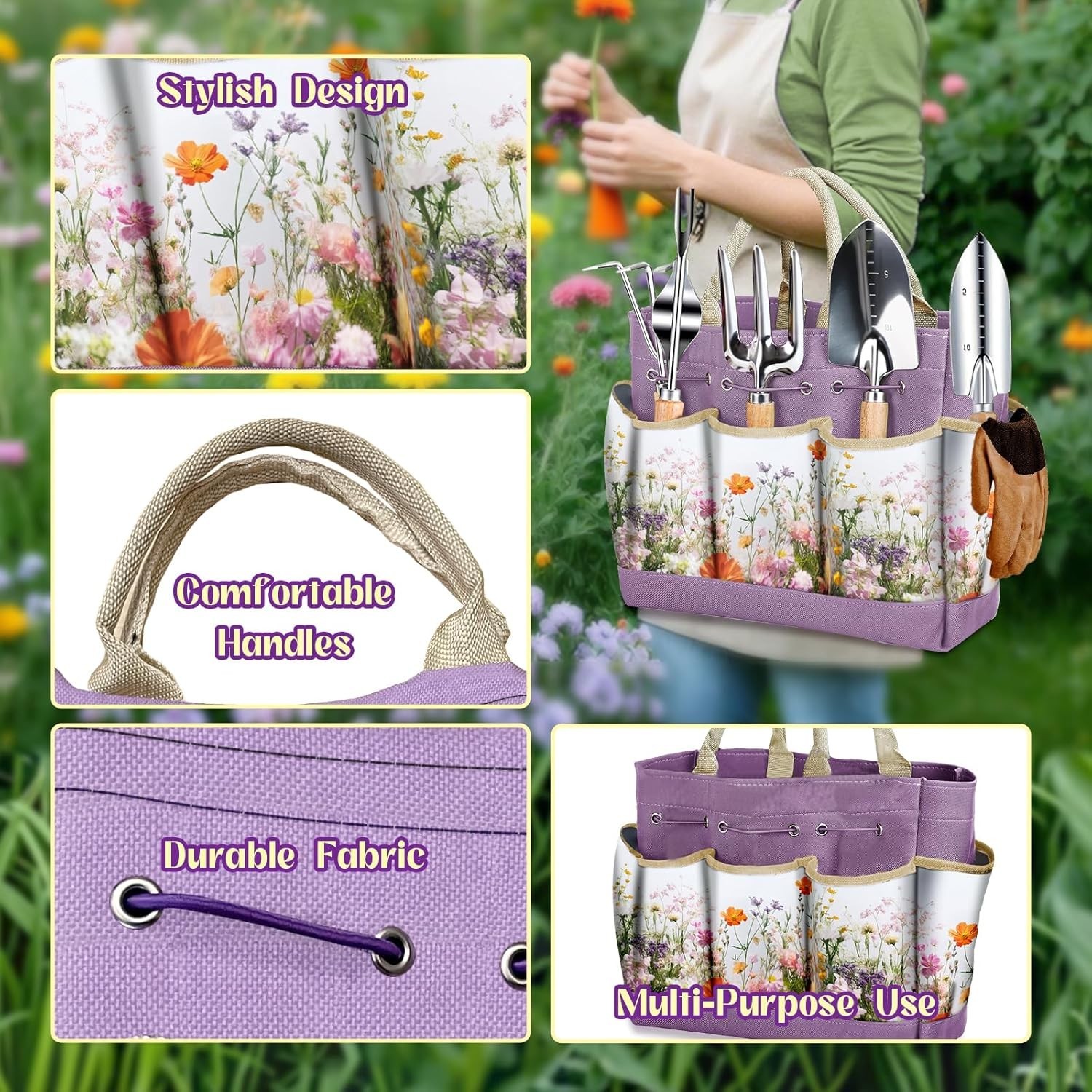 9Pcs Garden Tool Set Stainless Steel Heavy Duty Gardening Gifts with Floral Bag