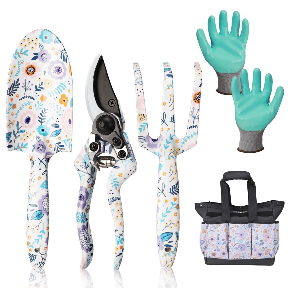 WORKPRO 5PCS Garden Tool Set Aluminum Heavy Duty w/Garden Tool Bag White Color