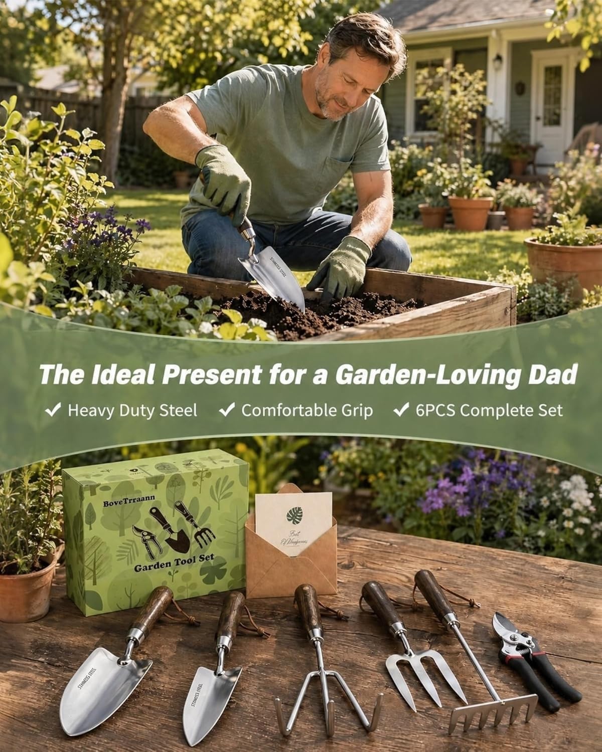 6Pcs Stainless Steel Garden Tools Shovel Trowel Pruner Gift For Men Women