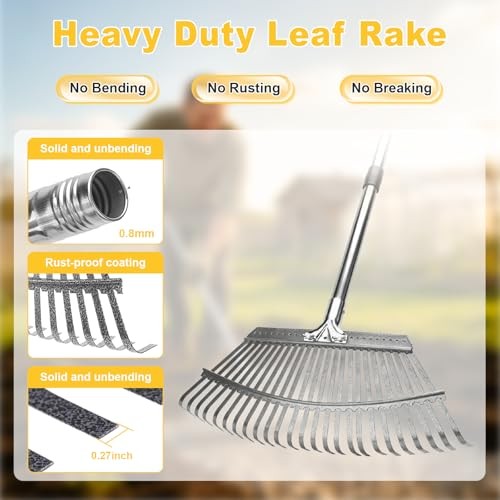 Adjustable Leaf Rake, 18-Inch Wide Heavy Duty Garden Rake with 62-Inch Long