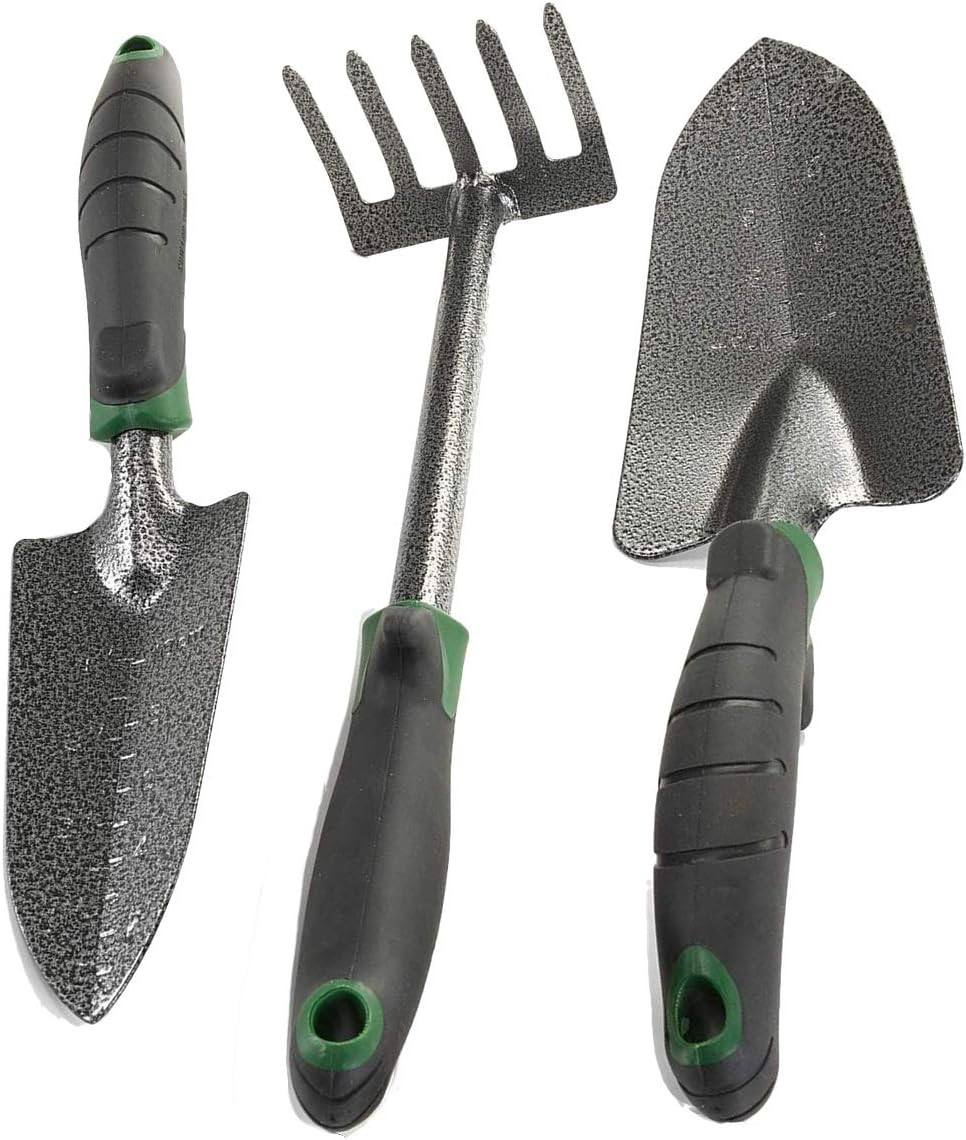 3 Piece Garden Tool Set Carbon Steel Trowel Transplanter Hand Rake
