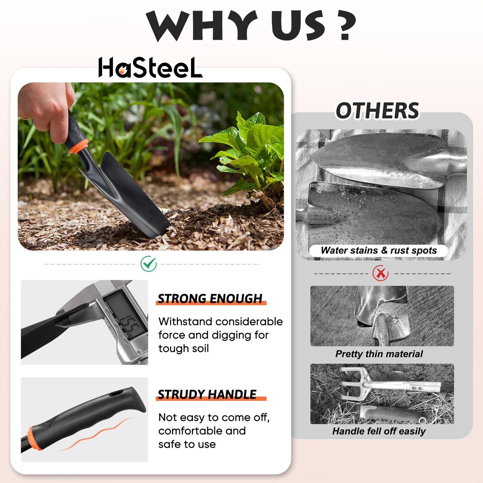 HaSteeL Garden Tools Set, 11 Pcs Gardening Supplies Hand Tool Black, Orange