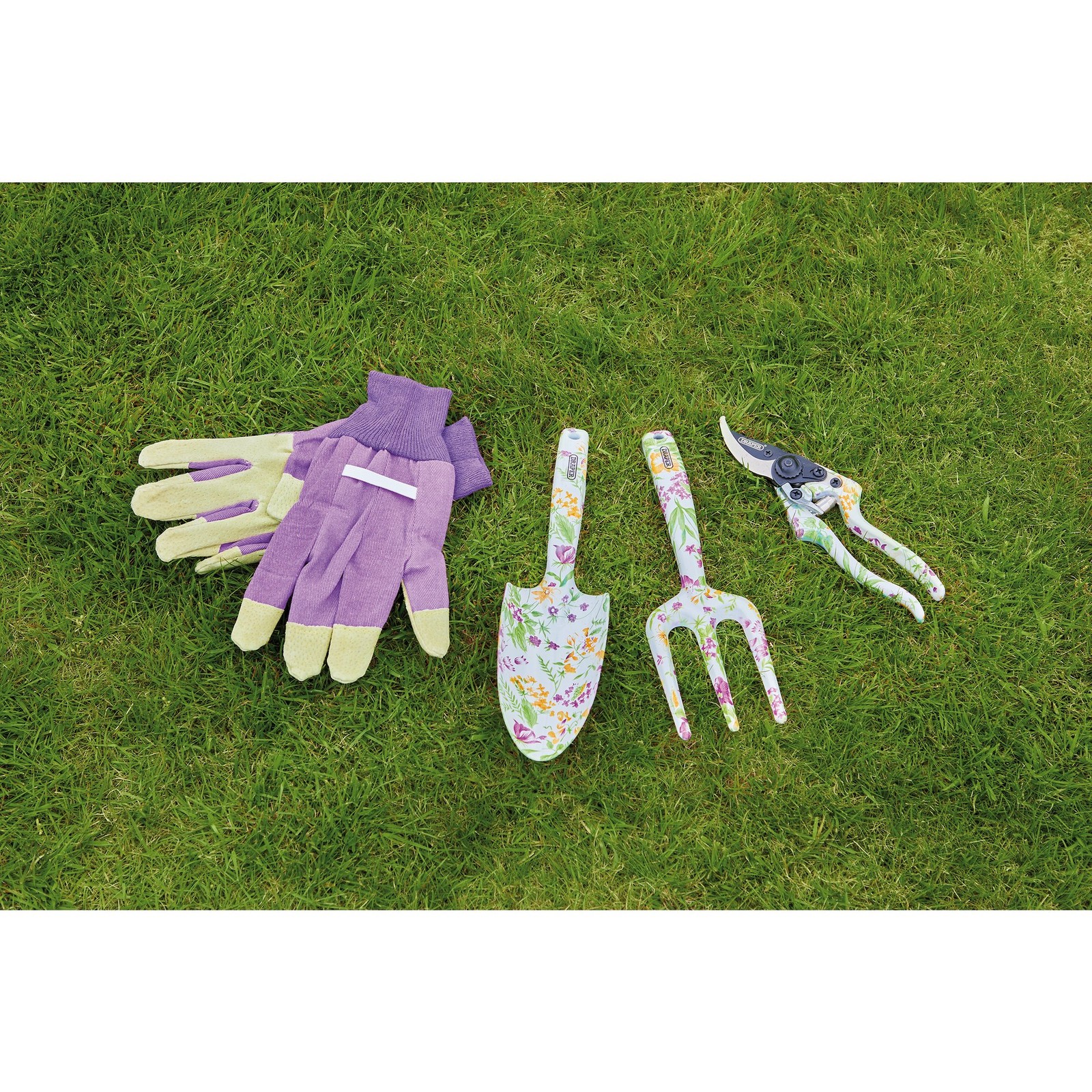 Draper Garden Tool Set Floral Pattern 4 Piece trowel fork secateur Gloves 08993