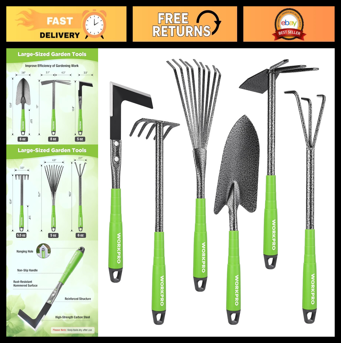 6-Piece Heavy Duty Garden Tool Set with Soft Rubber Handles, Trowel, Rakes & Hoe