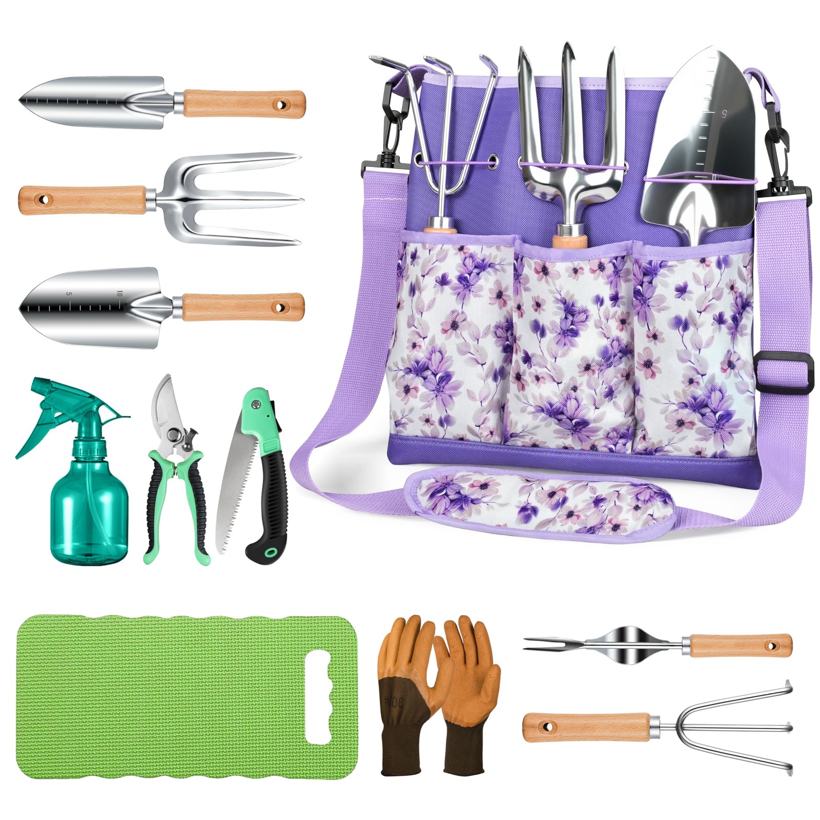 Grenebo Gardening Tools Set, 11-Piece Rust-Proof Kit with Bag, Purple