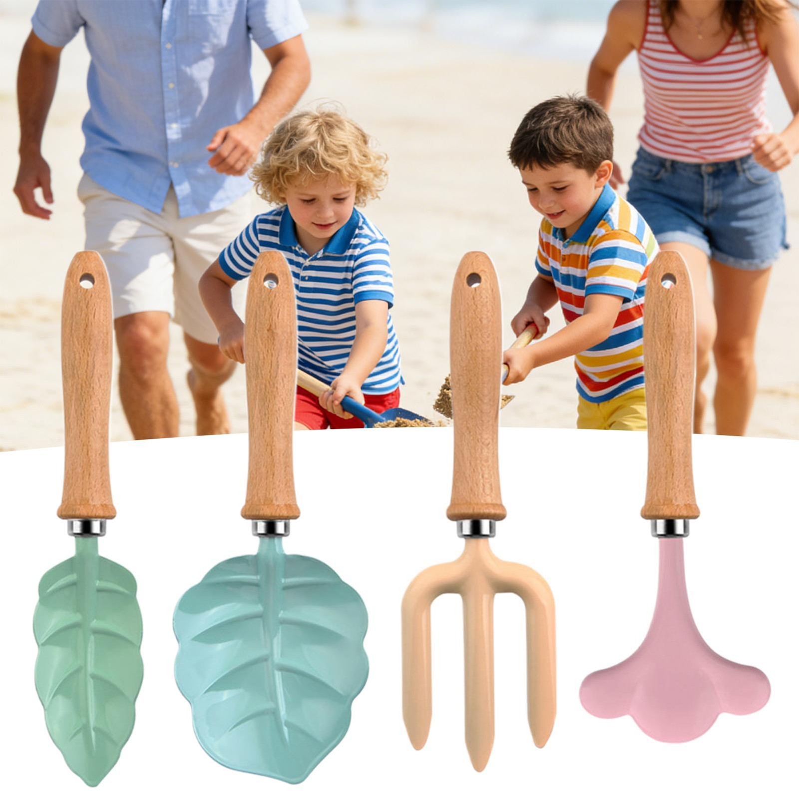 Kids Gardening Tools 4 Piece Leaf Shape with Wooden Handle Shovel Rake