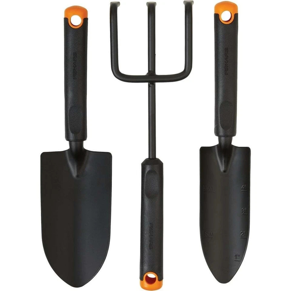 Fiskars 3-Piece Hand Garden Tools Trowel Transplanter Cultivator Rust-Resistant