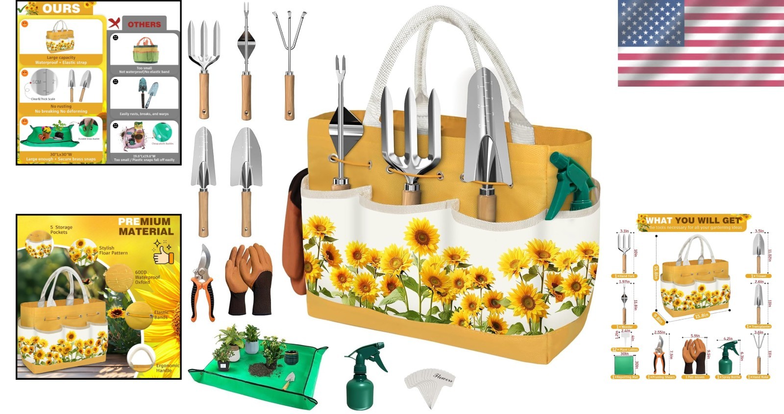 Stylish 22-Piece Gardening Tool Set for Women with Sunflower Pattern – Gift Idea