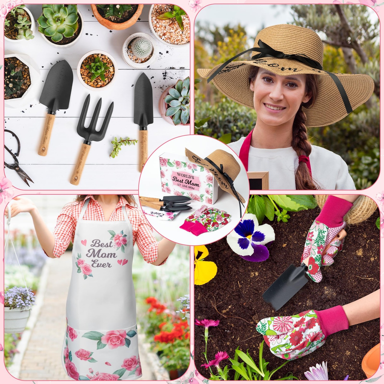 Mom Garden Tools Pink Hand Rake Transplanter Apron Trowel Straw Hat Planting …