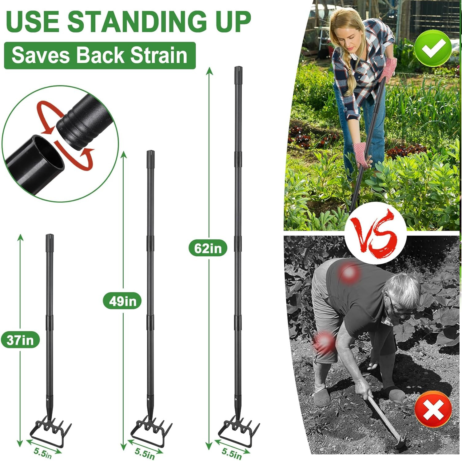 Garden Cultivator Weed Stirrup Hula Hoe Rake with 37″~62″ long Steel Handle