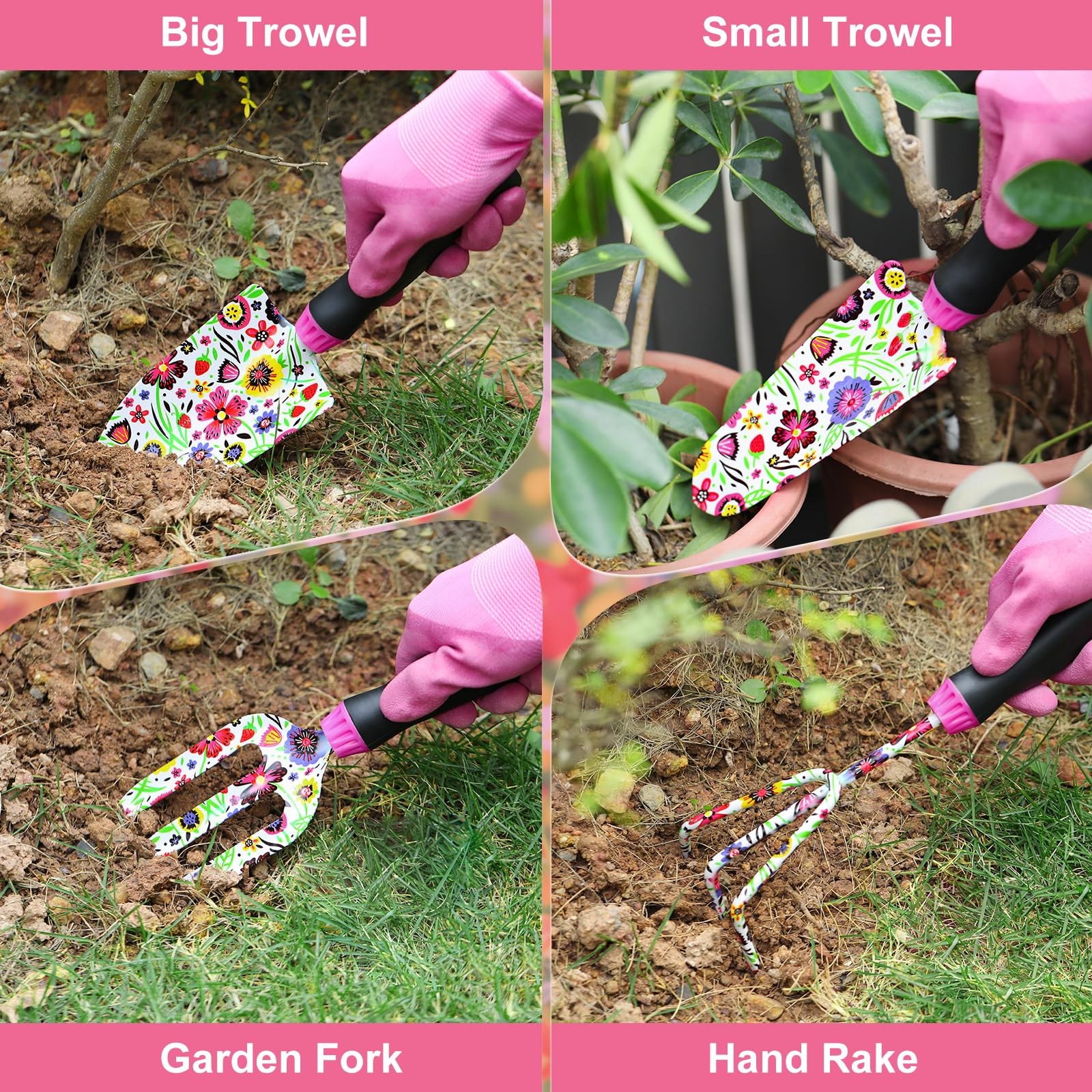 10~Piece Stainless Steel Garden Tool Set with Bag, Pink