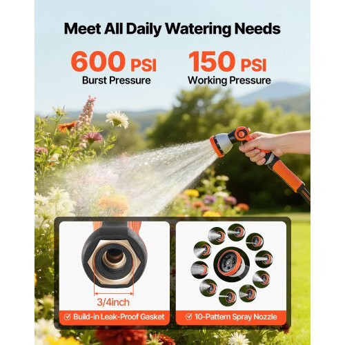 Garden Hose, 150 ft 5/8″ Heavy Duty Rubber Water Hose with 10 Mode Nozzle, 150PS