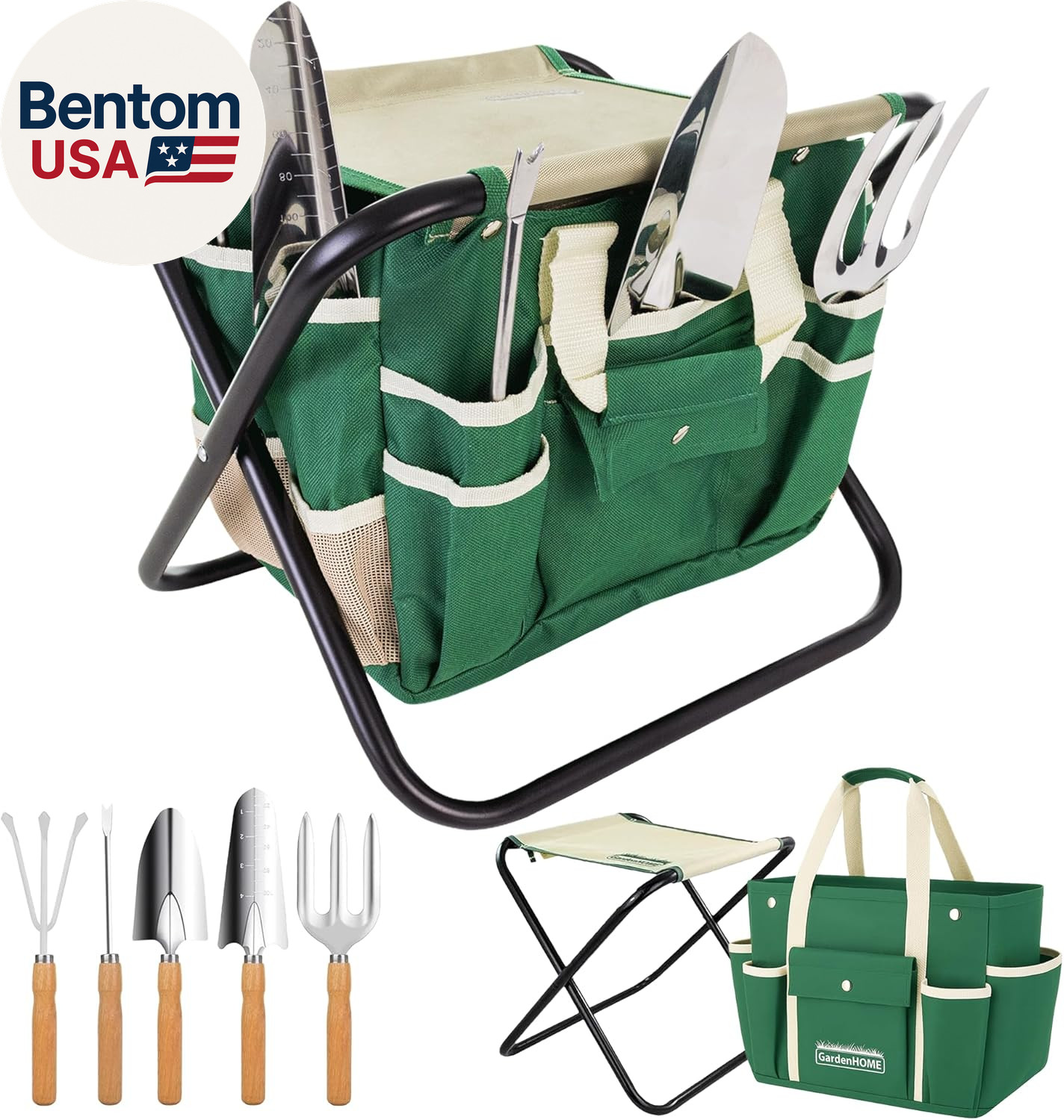 7-Piece Green Gardening Tool Set – Stainless Steel Tools with Wooden Handles, Fo