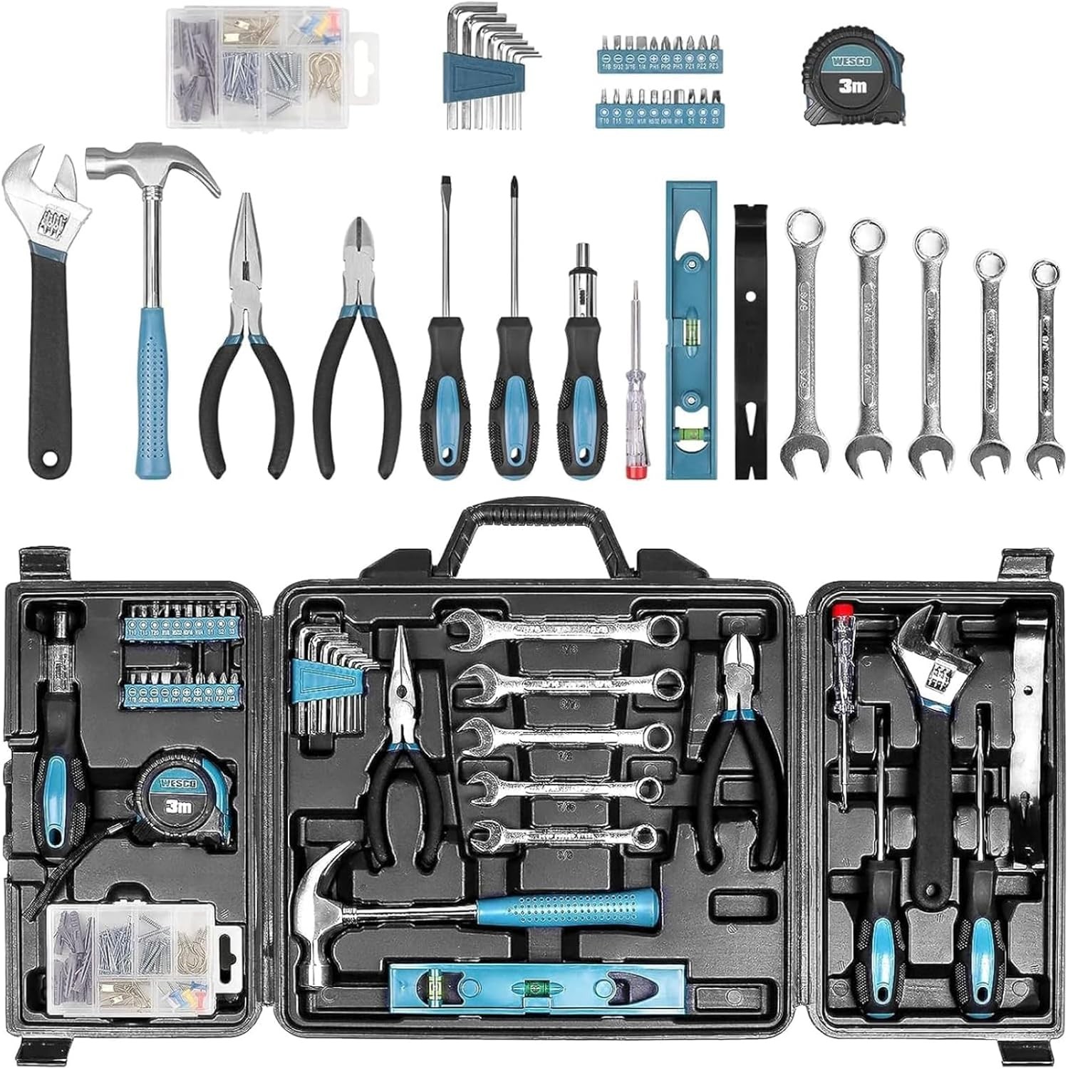 144Pcs Household Hand Tool Kit Storage Box Hammer Pliers Wrench Screwdriver