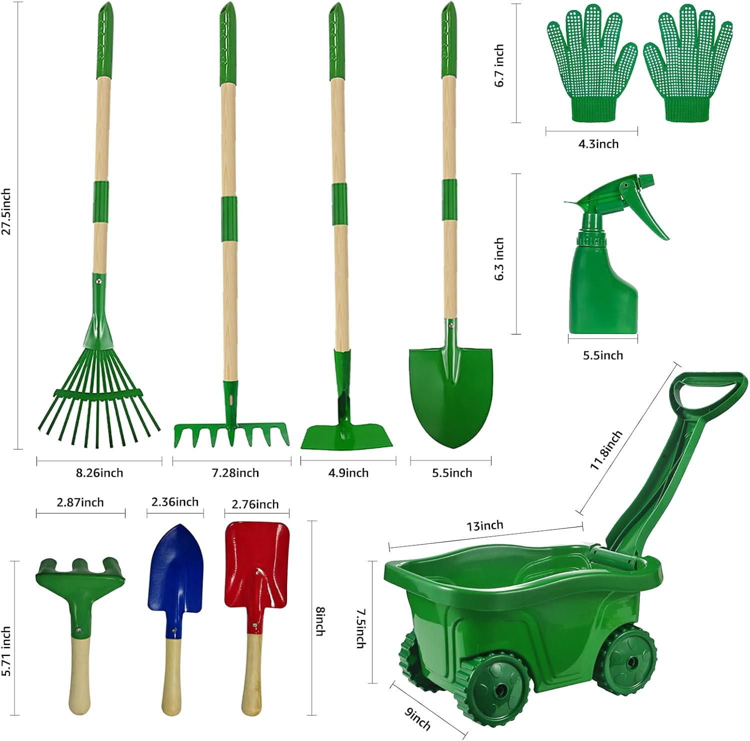 10Pcs Kids Gardening Tools Set – Wheelbarrow Toys with Shovel, Rake, Hoe and Lea