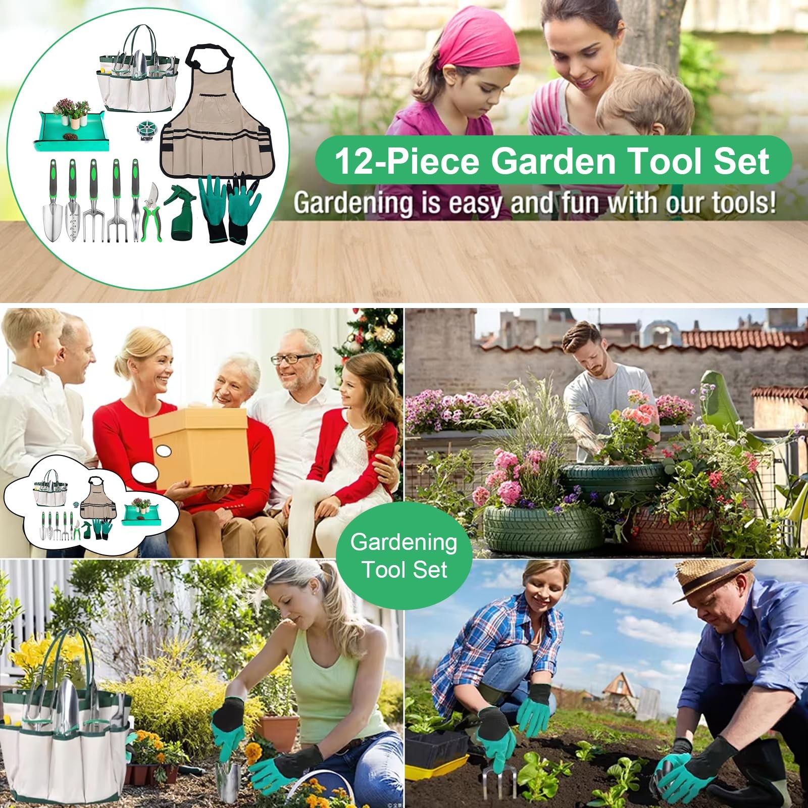 11 PCS Gardening Hand Tools Heavy Duty Stainless Steel Repotting Mat Gift Box