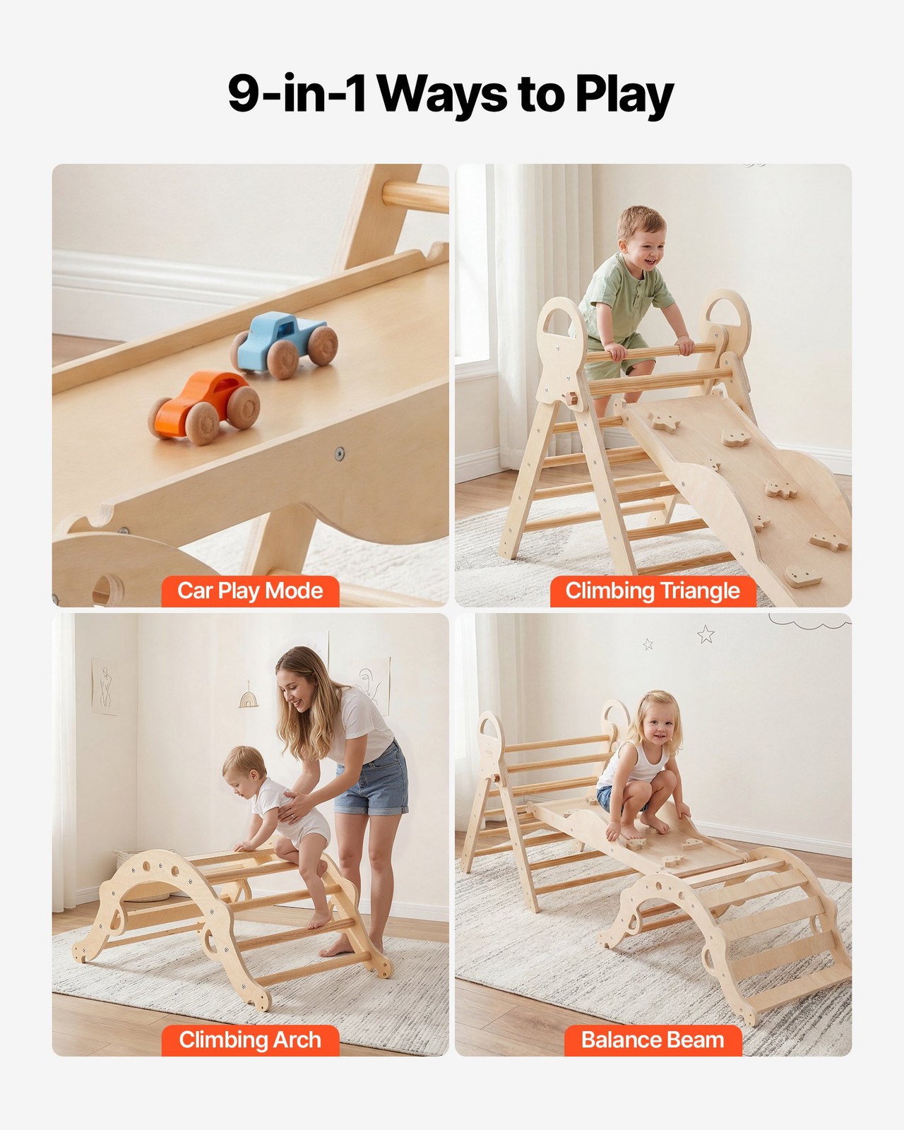 Pikler Triangle Set, 9-in-1 Toddler Climbing Toys Indoor, with 2 Wooden Cars, Cu