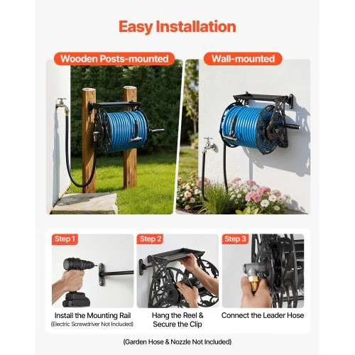 Wall Mounted Garden Hose Reel, Holds 135 Feet of 5/8-inch Hose, Outdoor Heavy-Du