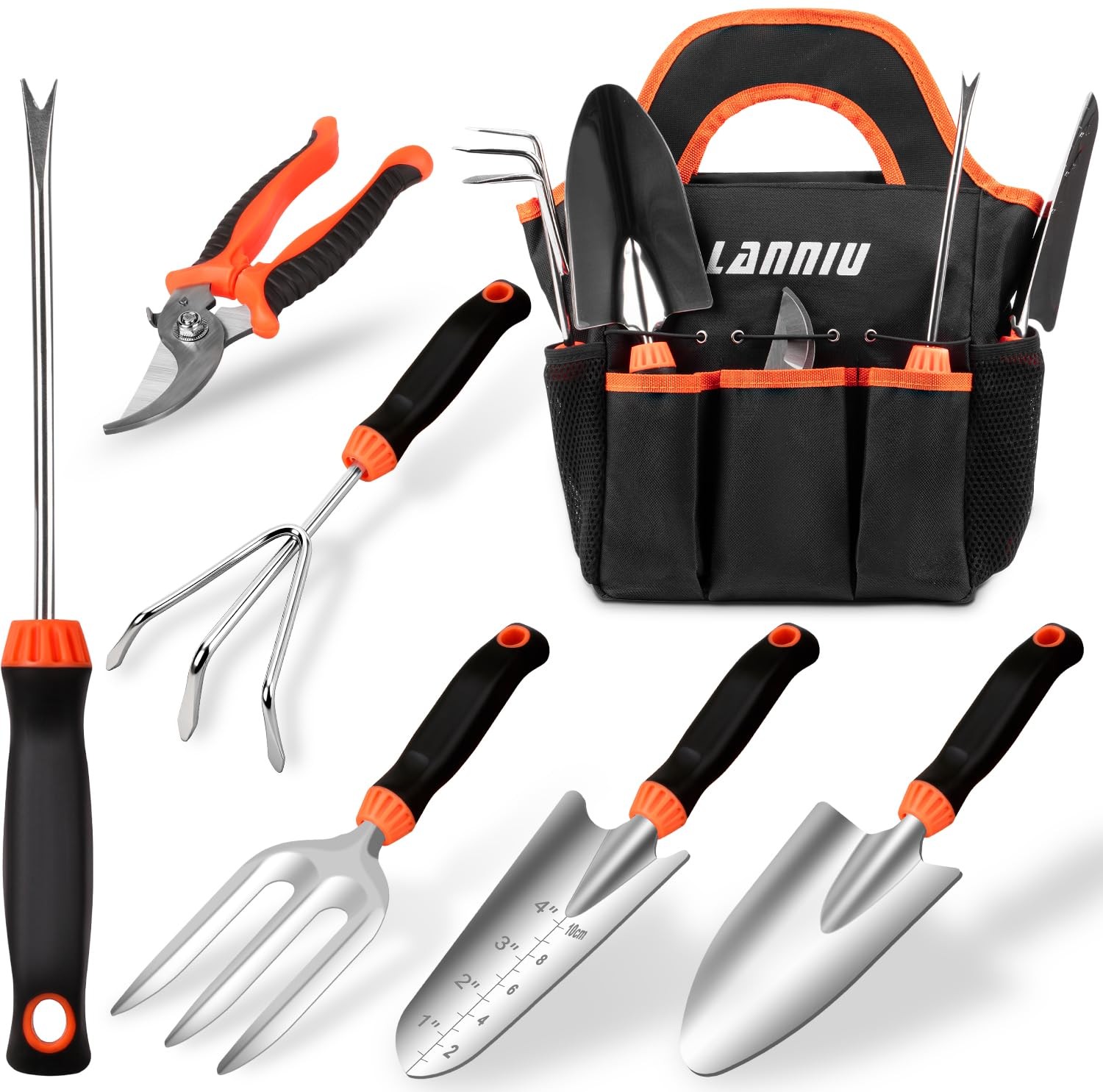 7~Piece Stainless Steel Garden Tool Set with Tote Bag, Non~Slip Grip