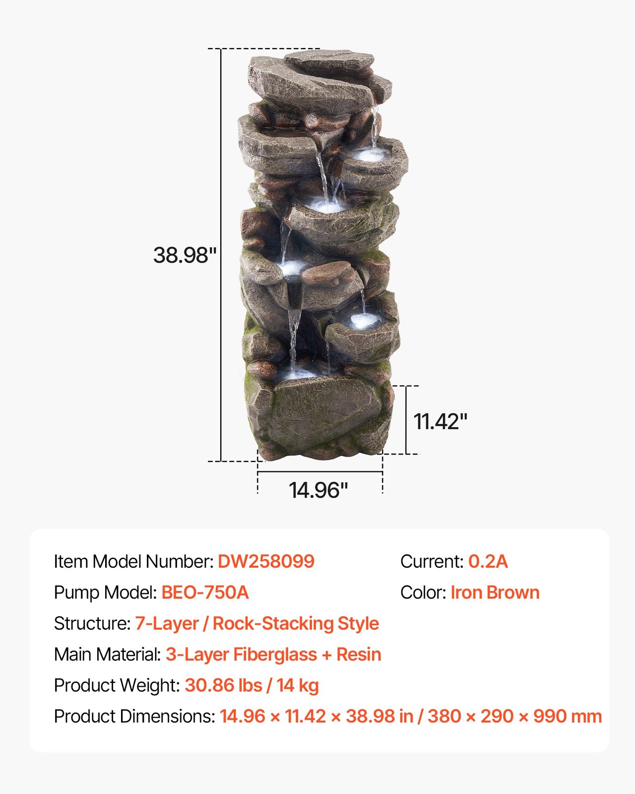 Outdoor Water Fountain,38.98 in Height Fountain and Waterfall,7-Tier Floor Stand