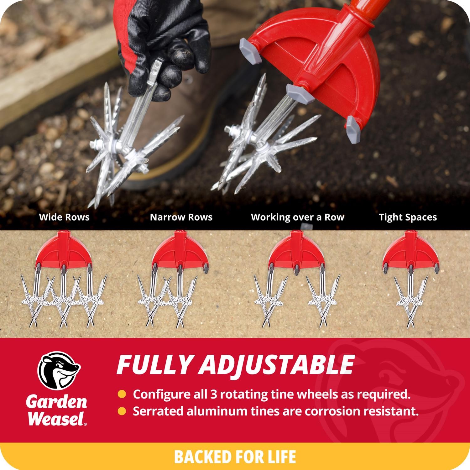 Garden Weasel 3 Tine Steel Rotary Hand Cultivator 45 in. Steel Handle