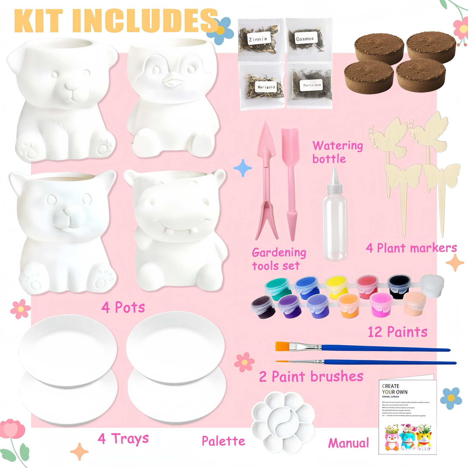 Paint & Plant Flower Growing Kit for – 4 Set DIY Animal Pattern Ceramic Paint…