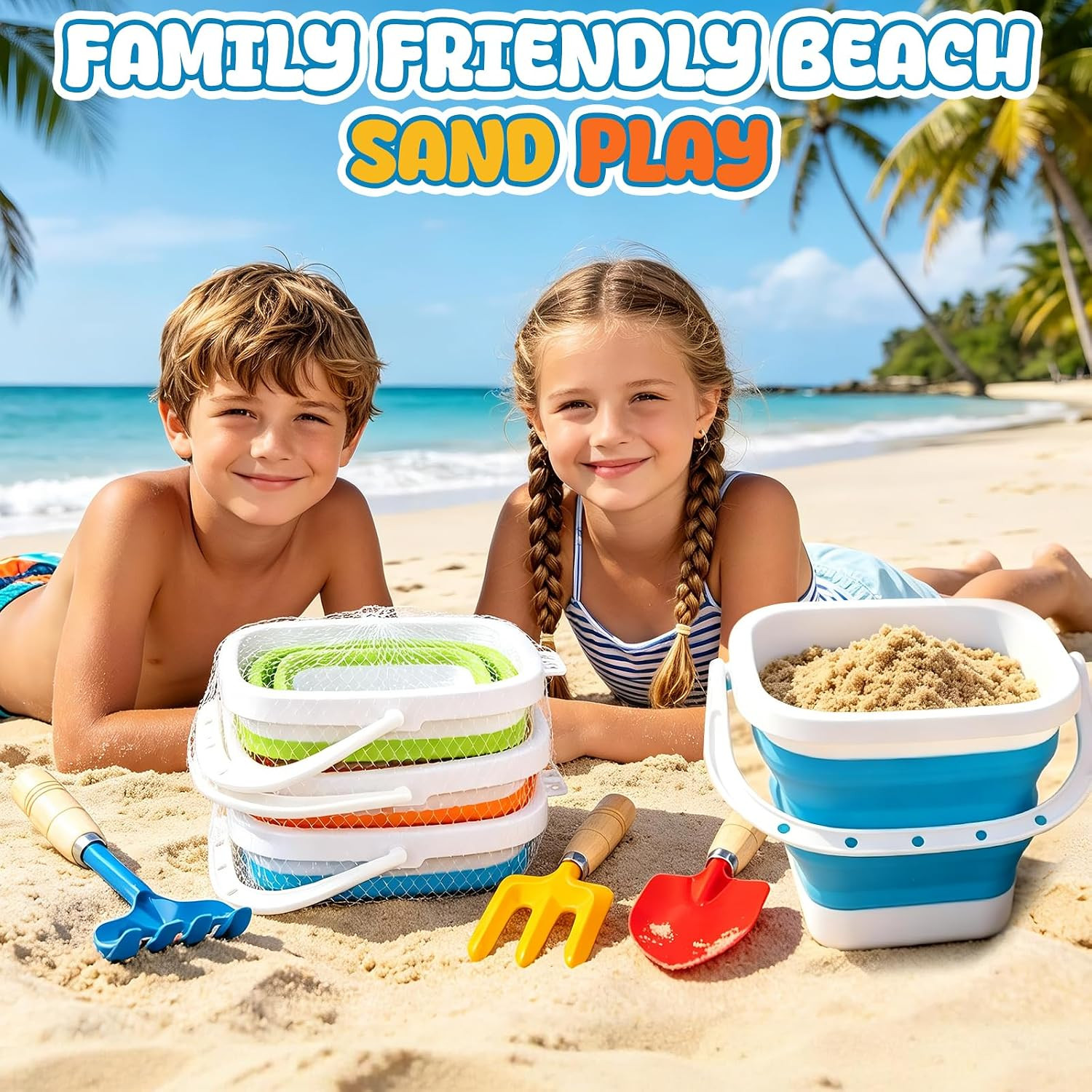 Gardening Tools Set Foldable Beach Bucket with Metal Shovels for Adults, Collaps
