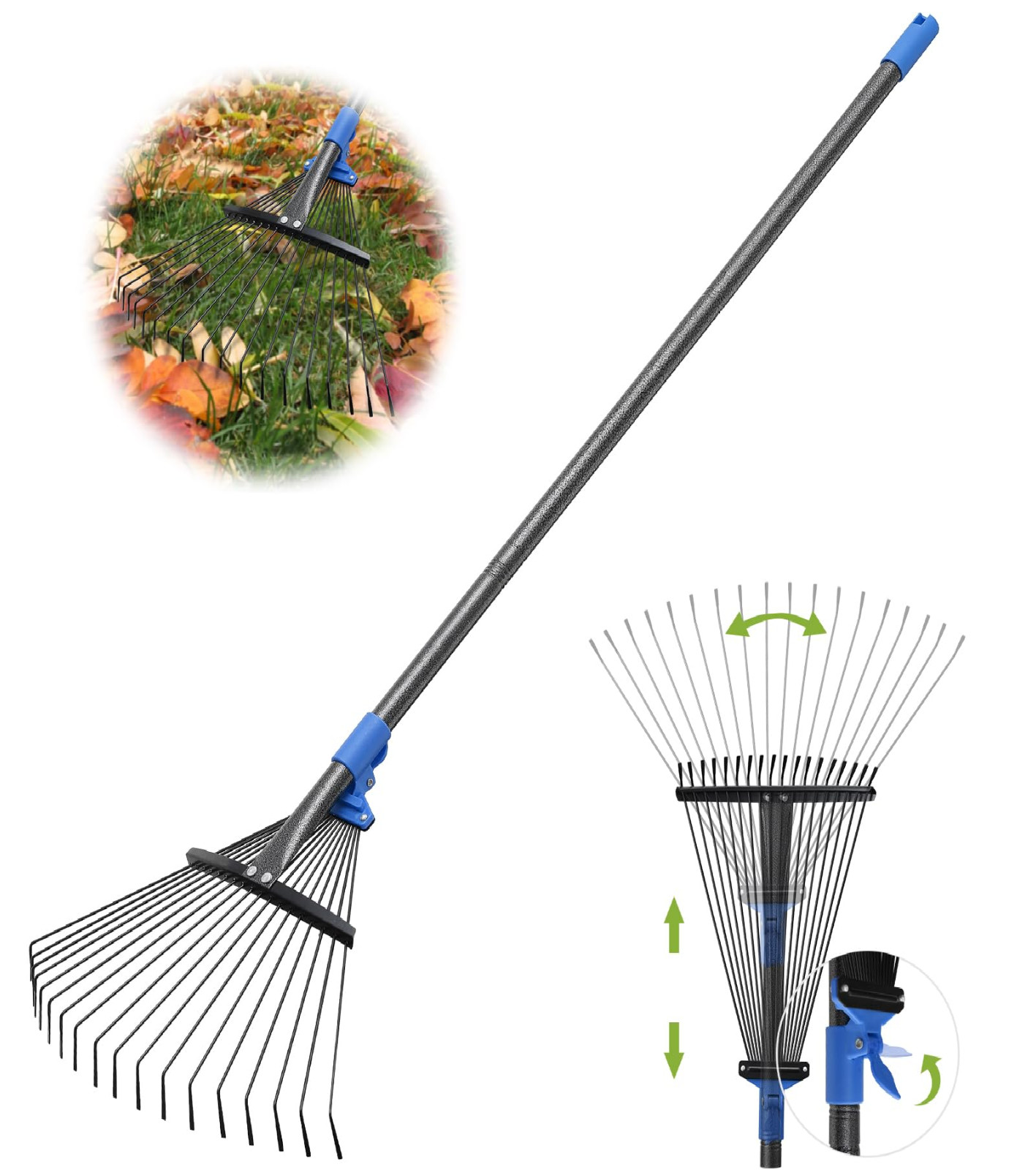 Rack for Yard Lawn Shrub tree Leaves 18 Metal Tine 9″~17″ W x 48~72″ Long handle