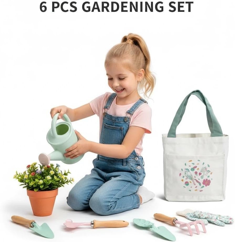6PCS Kids Gardening Tool Set Kids Garden Toys with Tote Bag Gloves Watering Can