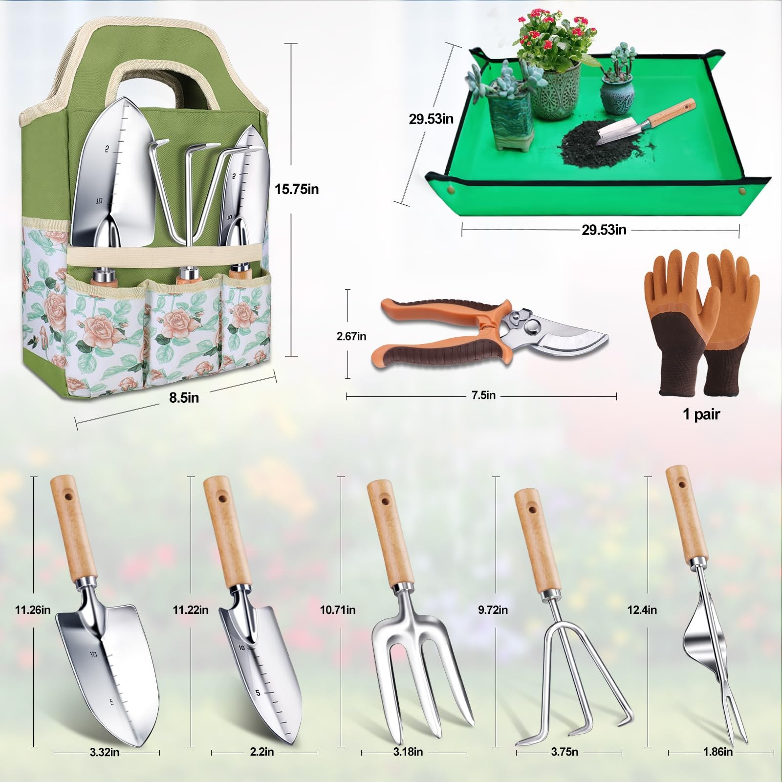 9 PCS Garden Tools Set Heavy Duty Stainless Steel RustProof Hand Spades Kit