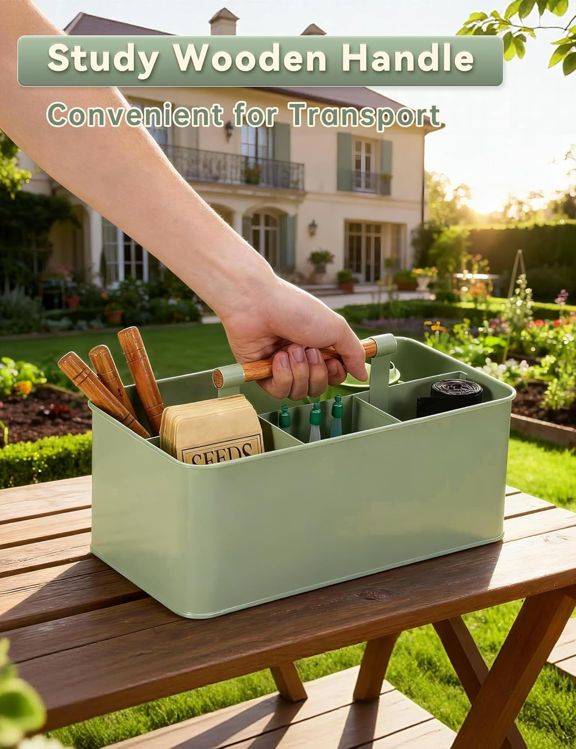 Gardening Tool Caddy, Garden Tool Basket with 4 Compartments, Metal Garden Caddy