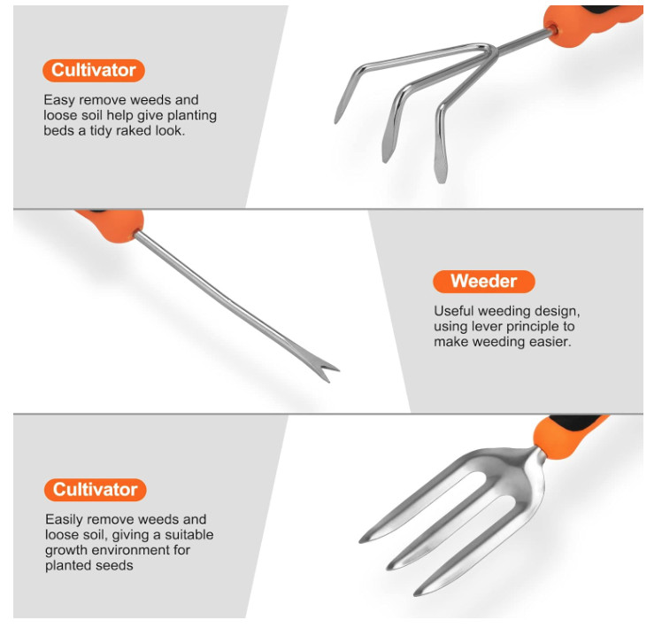 Stainless Steel Heavy Duty Gardening Tool Set, with Non-Slip Rubber Grip
