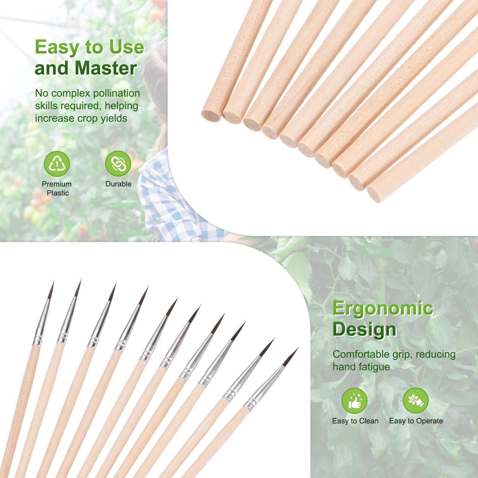 10-Pack Pollinator Brush, 0.5inch/1.2cm Wooden Vegetable Pollinator Pen [Beige]