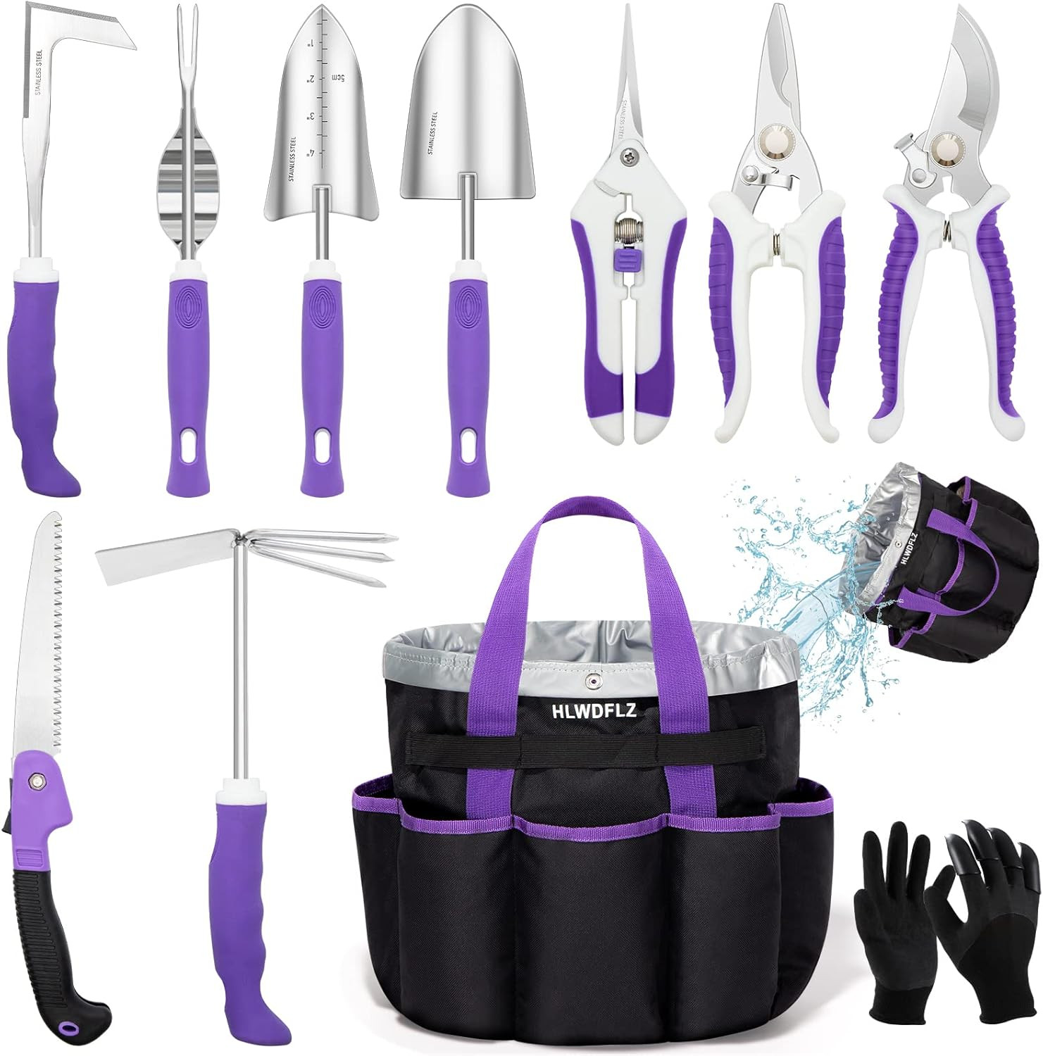 Purple Garden Tool Set, Heavy Duty Gardening Tools with Storage Bag Pack