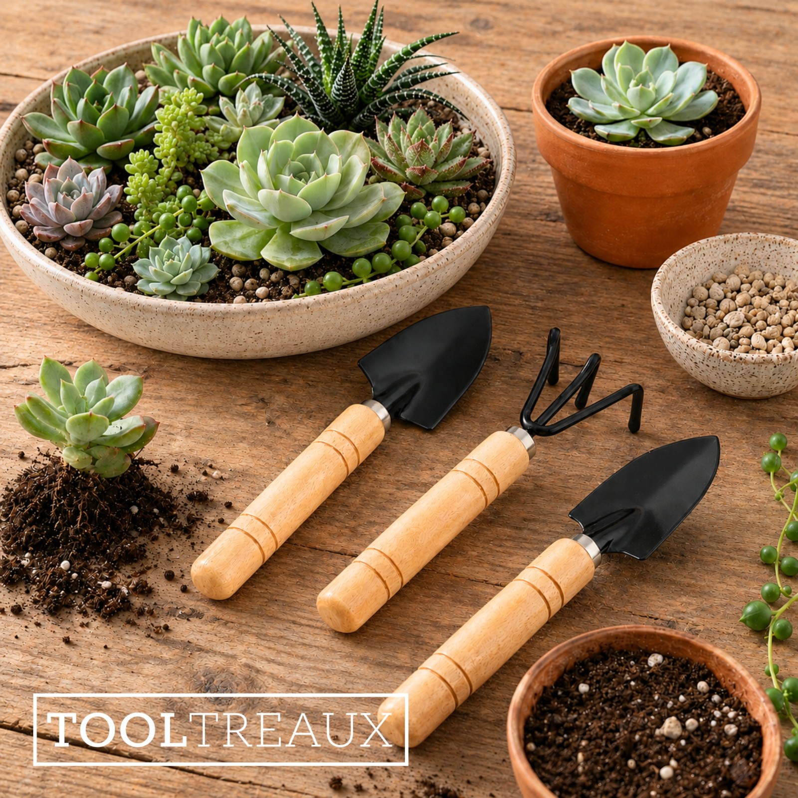 2 Pack ToolTreaux 3pc Mini Garden Tools Set w/ Hand Trowels & Cultivator (7″)