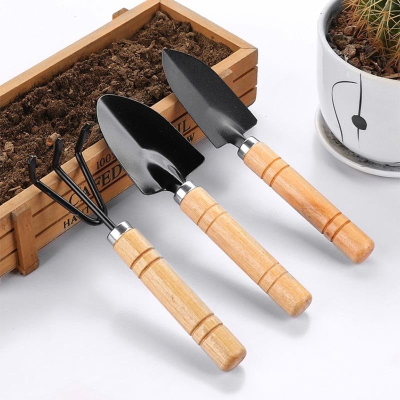 3 Pcs Mini Gardening Tool Set, Shovel, Spade, Rake Kit with Ergonomic Wooden …