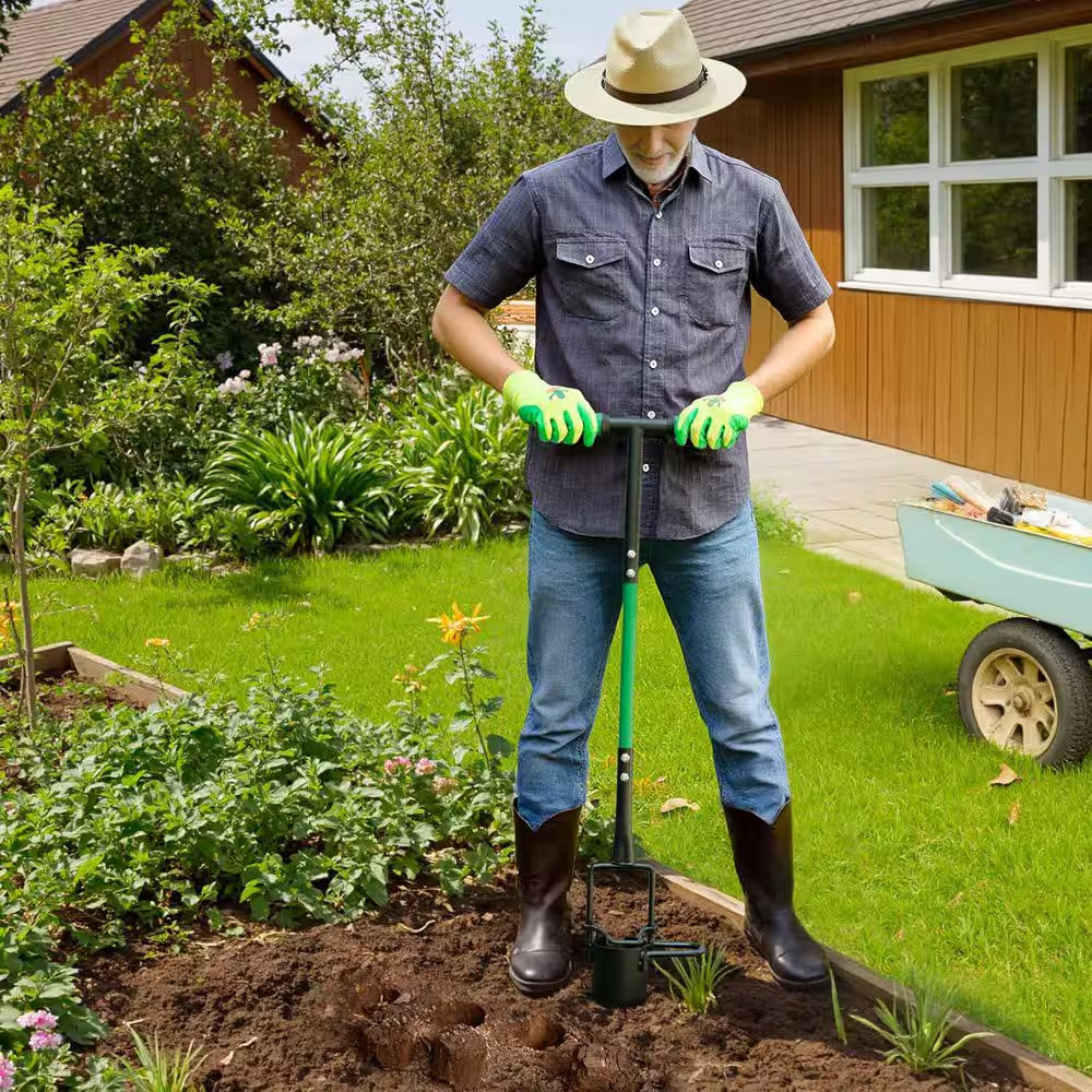 5-In-1 Bulb Planter Tool and Sod Plugger with Long Handle Serrated Base
