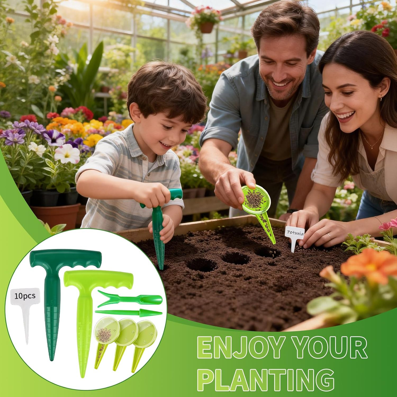 17Pcs Seed Planter Tool Kit, Garden Dibber with Scale, 5-Hole Seed Dispenser, Su
