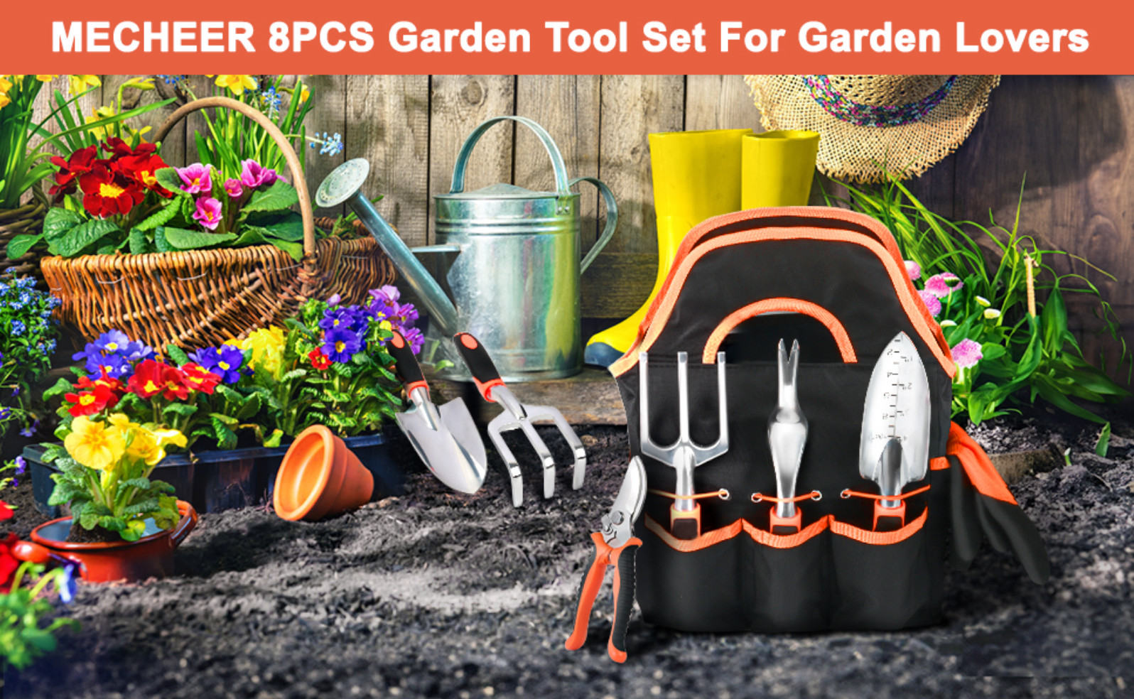 8 Pcs Garden Tools Set, Non Slip Ergonomic Handle, Heavy Duty , with Storage Bag