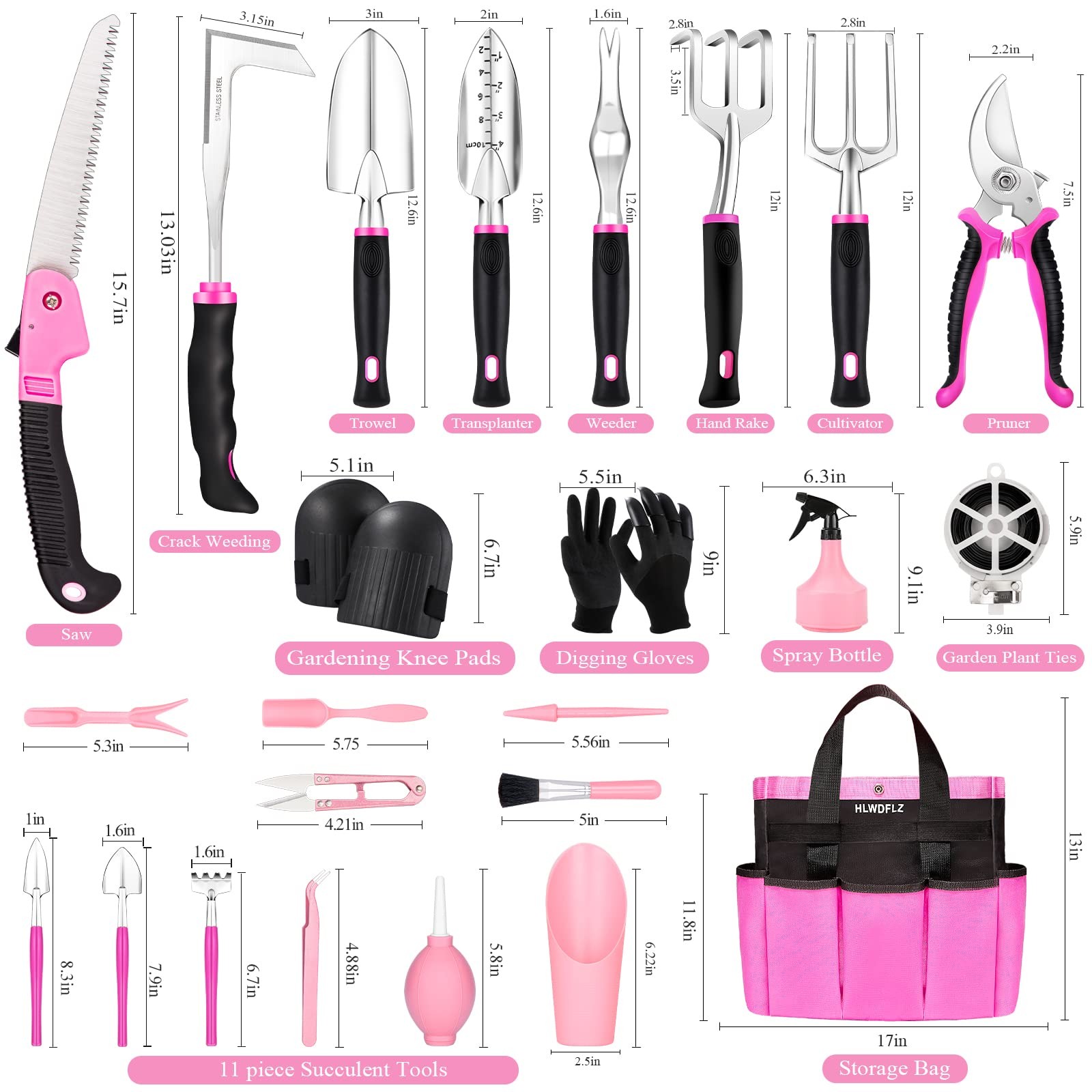 Pink Garden Tool Set for Women, 24~Piece Heavy Duty Gardening Tools with Bag