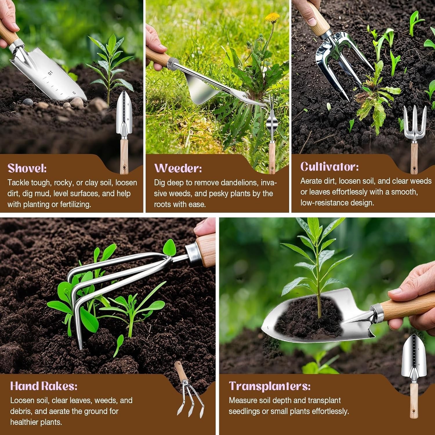 9Pcs Garden Tool Set Stainless Steel Heavy Duty Gardening Gifts with Floral Bag