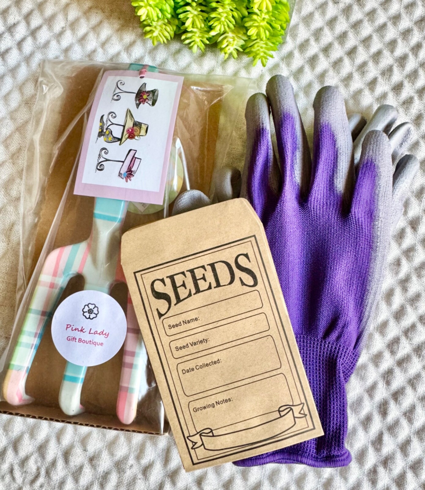 New Summer Gardening Gift Set w/ Metal Hand Rake, Seed Envelopes, Purple Gloves