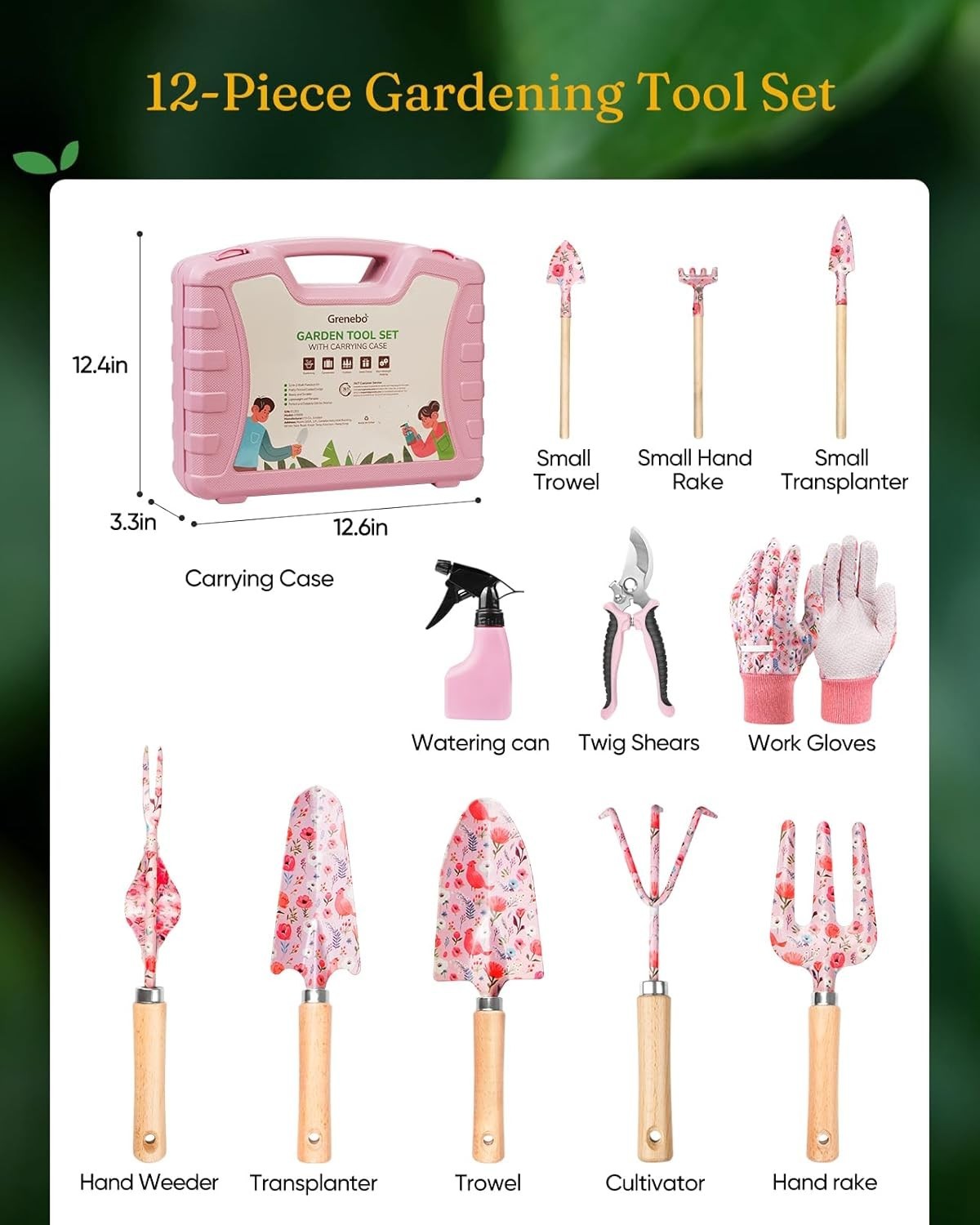 Elegant 12-Piece Gardening Tools Set, Rust-Proof & Ergonomic, Pink Floral Design