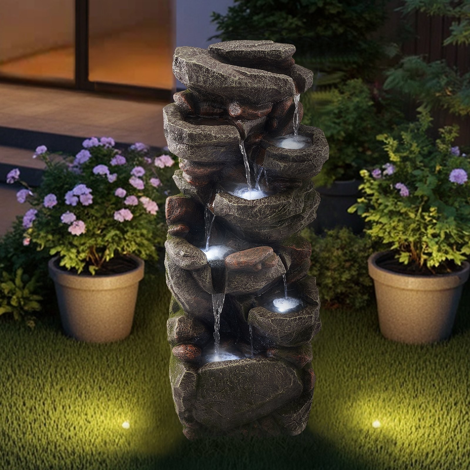 Outdoor Water Fountain,38.98 in Height Fountain and Waterfall,7-Tier Floor Stand