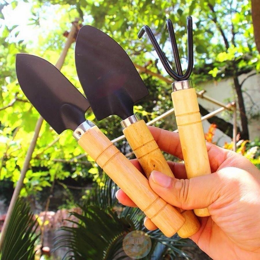 3-Piece Garden Hand Tool Set Black Metal Trowel & Fork Cultivator, Wood Handles