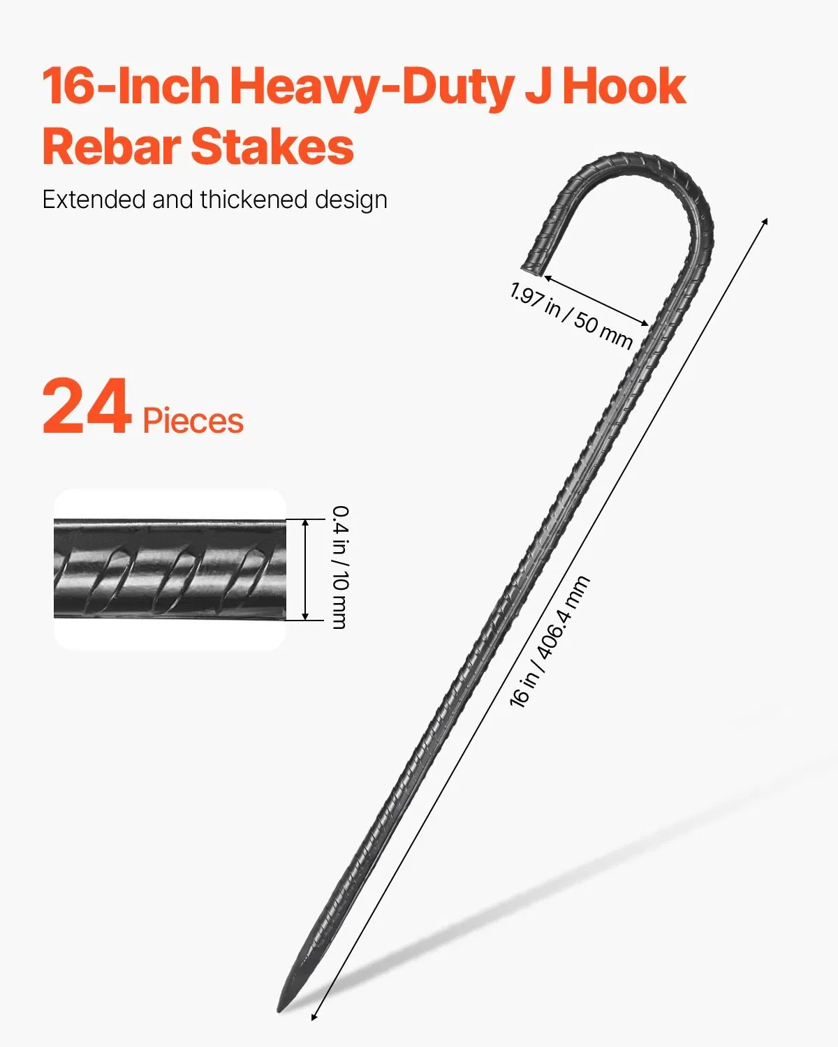 Rebar Stakes, 16-Inch, Heavy-Duty 0.4 in Diameter J Hook, Galvanized Steel Grou