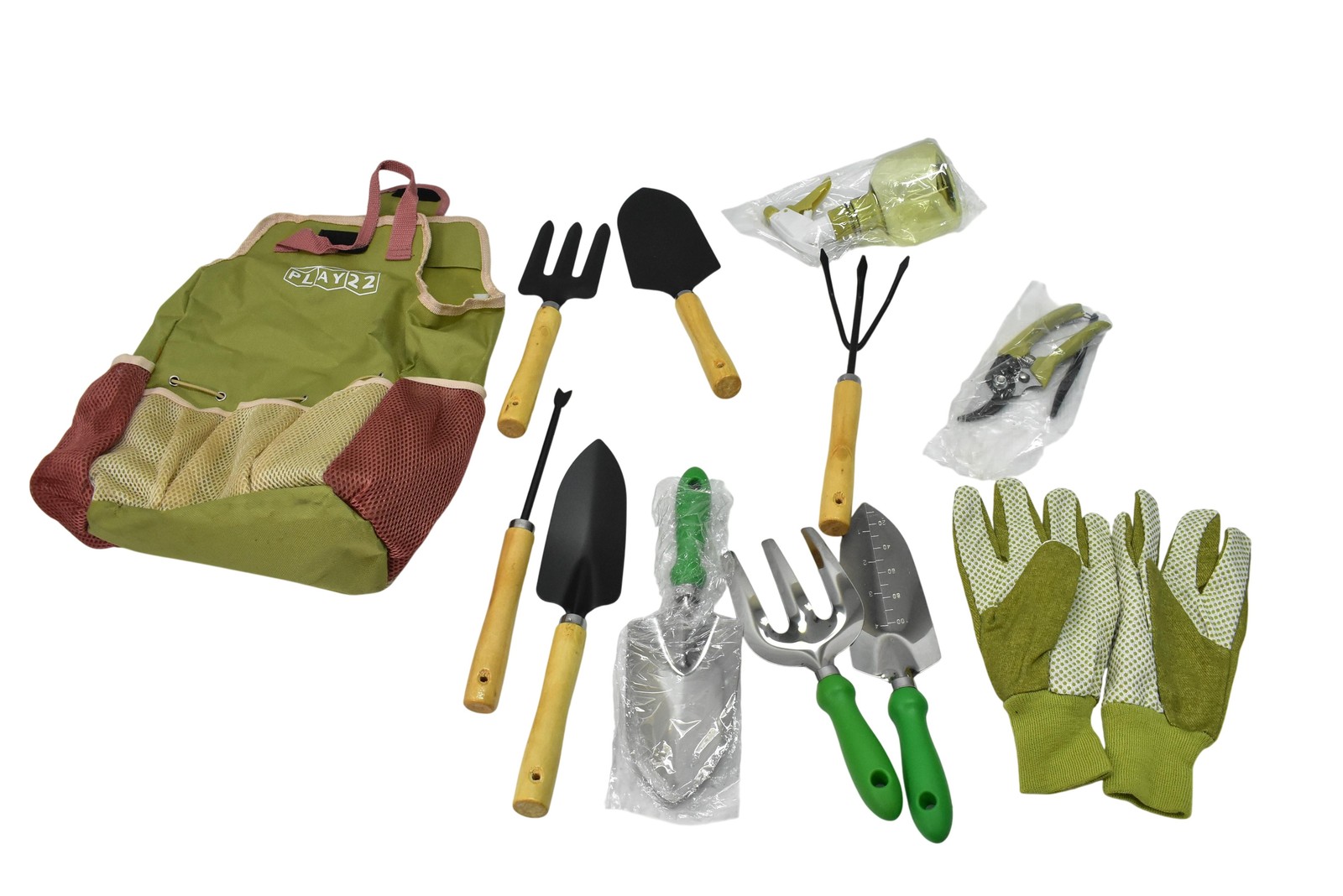 Play22 Garden Hand Tool Set 12 Piece Green Tote Gloves Sprayer Pruner Yard
