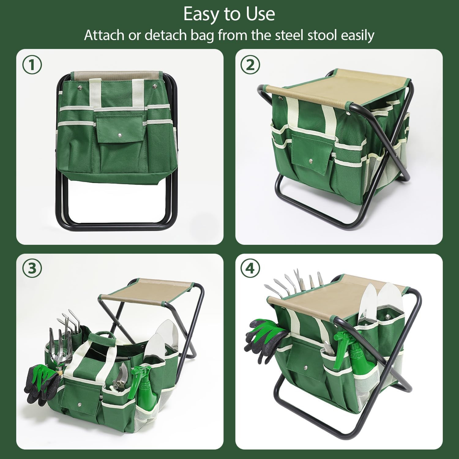 Garden Tool Set, 10 Piece Kit with Heavy Duty Folding Stool, Detachable Storage
